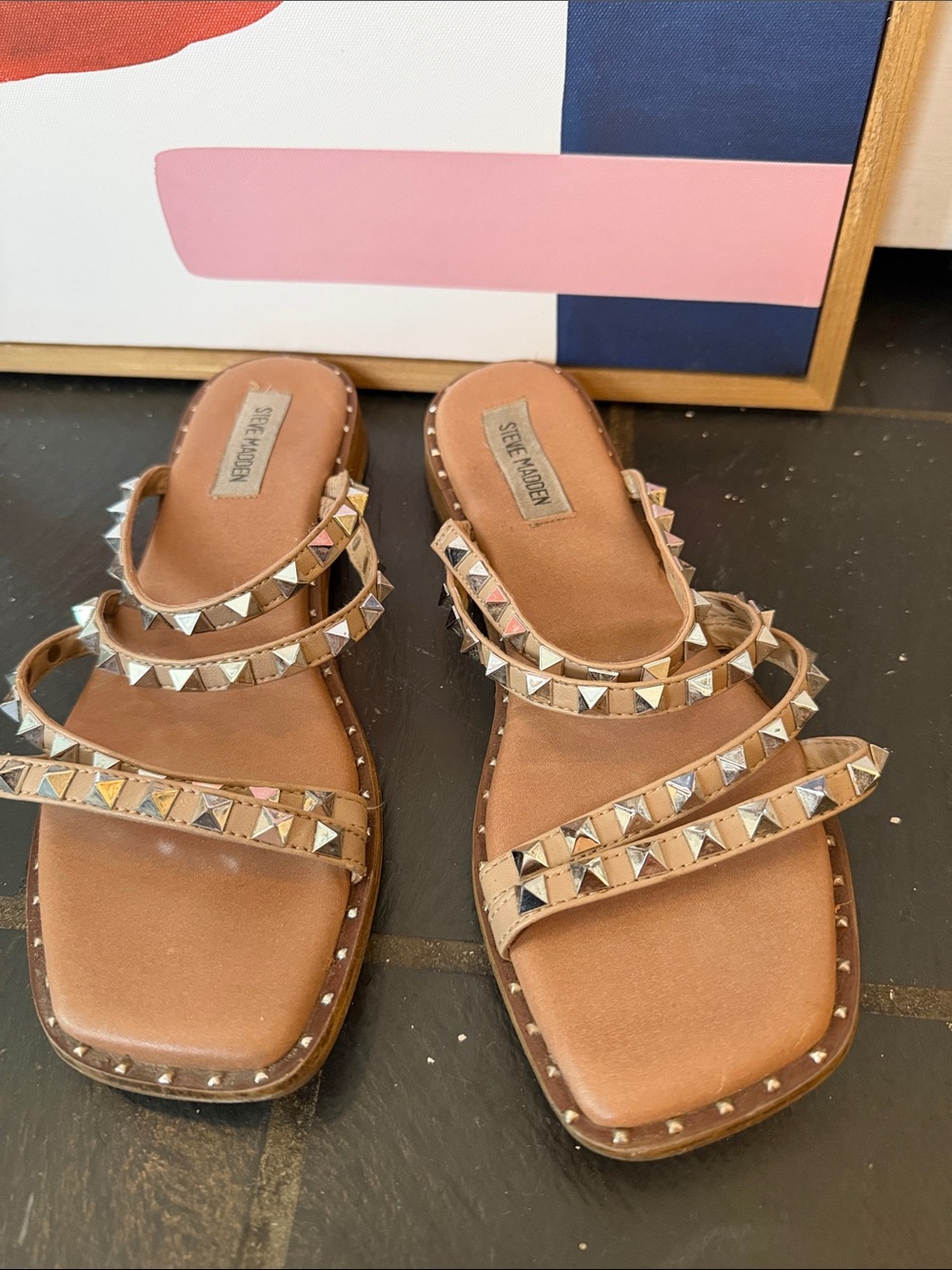 Steve Madden Tan Pyramid-Stud Triple Strap Slide Sandals